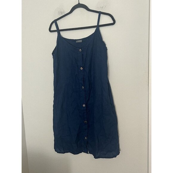 Sand Snow Dark Blue Button Down Spaghetti Strap Linen Dress With Pockets XS - Picture 1 of 11